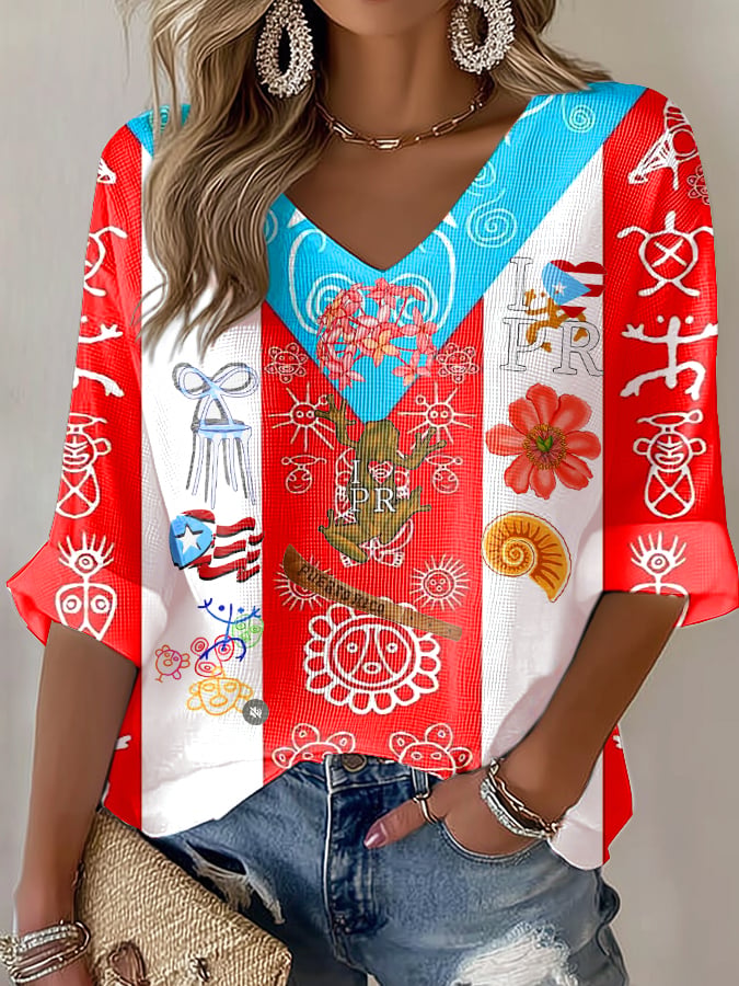 Puerto Rican Flag Colorful Printed Long Sleeve Top