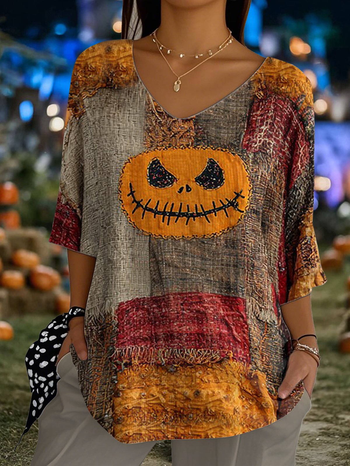 Women's Halloween Retro Pumpkin Emoticon Print Top