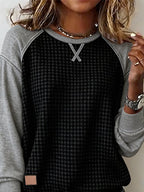 Women's Casual Crew Neck Contrast Waffle Sweatshirt