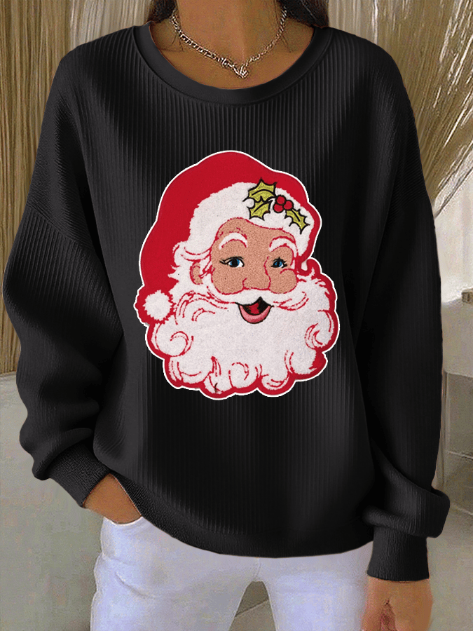 Women's Santa Claus Print Knitted Crew Neck Long Sleeve Top