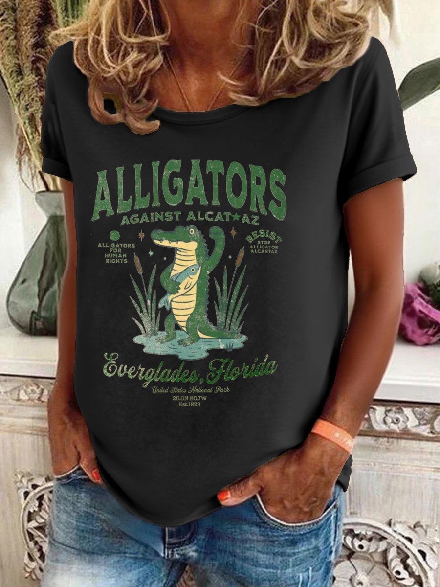 Women's Fashion Casual Retro Crocodile Island Resistance Fdt Print T-Shirt