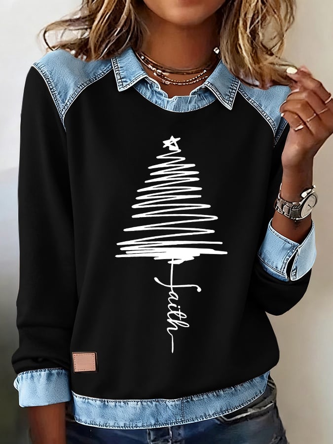 Women's Faith Christmas Tree Printed Comfortable Denim Patchwork Sweatshirt