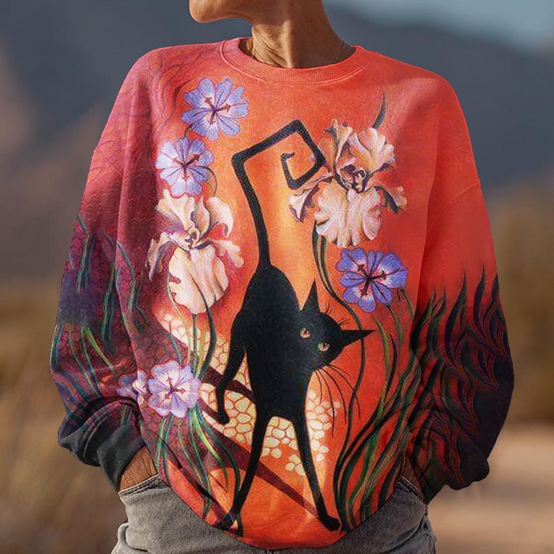 Black Cat Floral Halloween Art Printed Sweatshirt