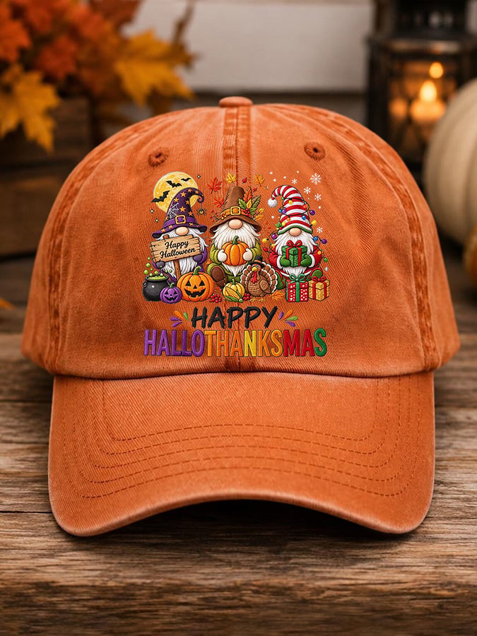 Retro Happy Hallothanksmas Gnome Halloween Thanksgiving Christmas Print Baseball Cap