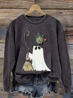 Women's Ghost Witch With Broomstick Printed Casual Round Neck Sweatshirt