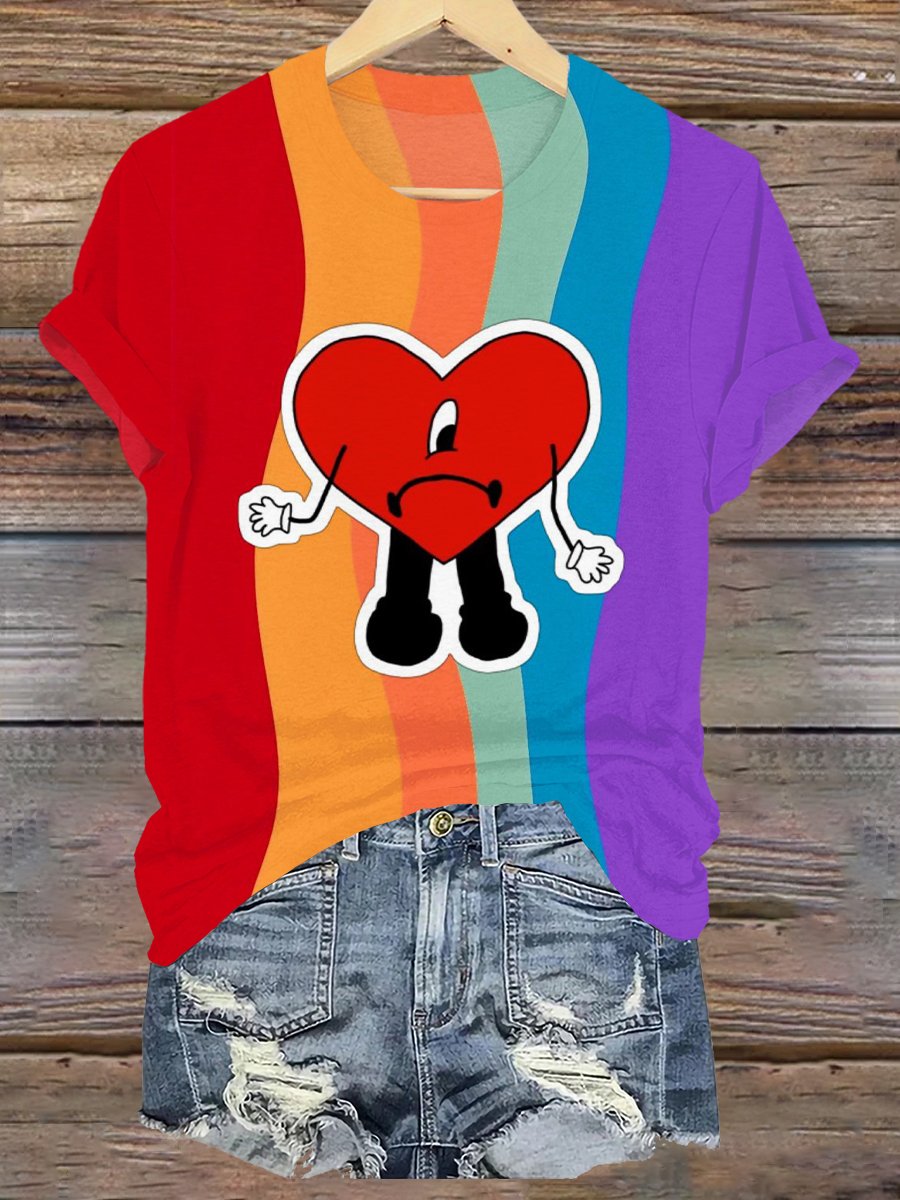 Puerto Rican One-Eyed Heart Print Crew Neck T-shirt