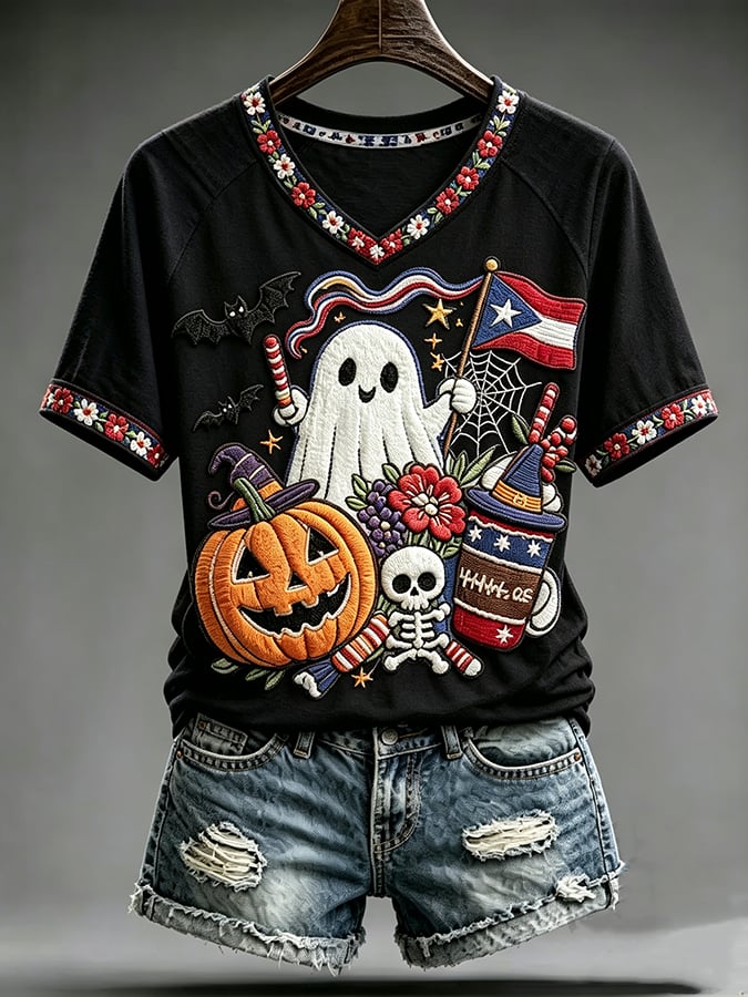 Women's Casual Boricua Halloween Printed Short-Sleeve T-Shirt