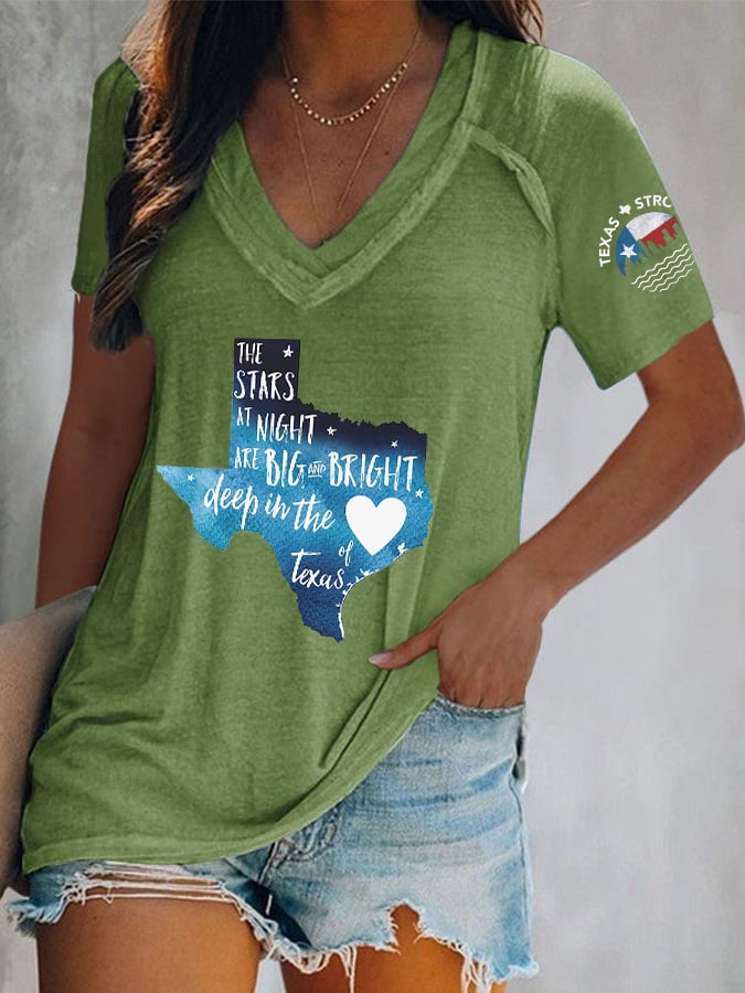 V-Neck Retro Texas Strong The Stars At Night Are Big And Bright Deep In The Heart Of Texas Print T-Shirt