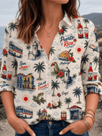 Women's Puerto Rico Print Casual Collared Shirt