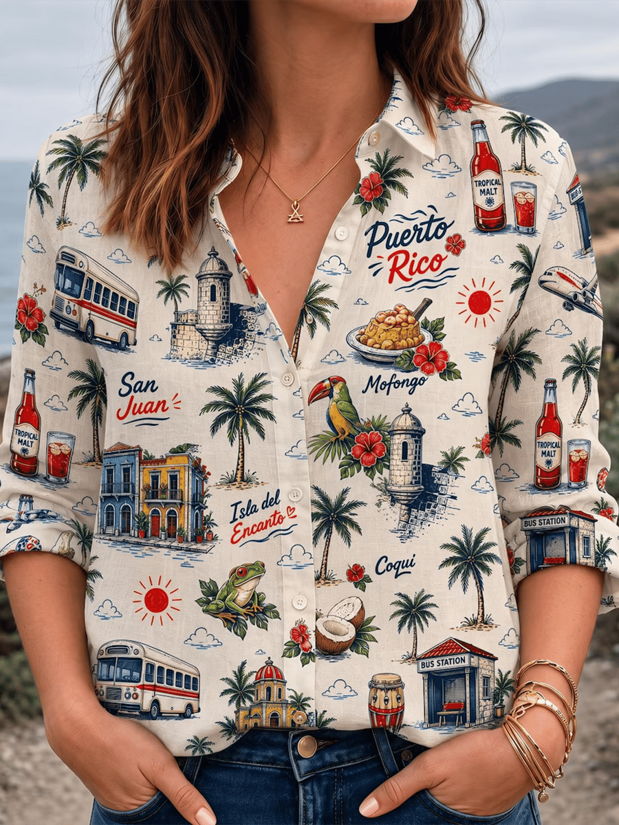 Women's Puerto Rico Print Casual Collared Shirt