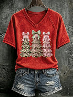 V Neck Retro FDT Pink Christmas Tree With Leopard Print T-Shirt