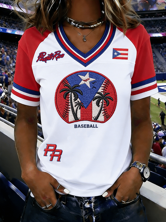 Women's Puerto Rican Baseball V-Neck Short-Sleeved Comfortable T-Shirt