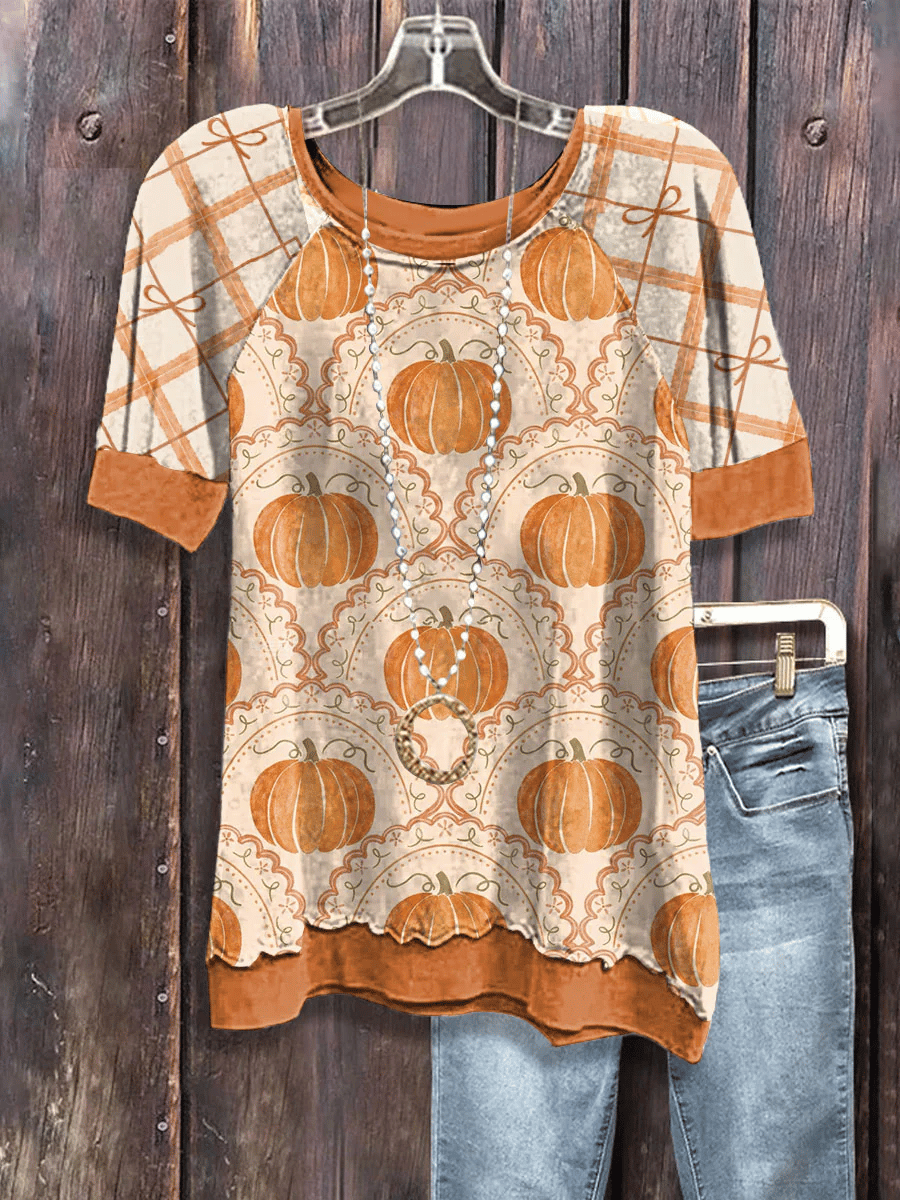 Women's Fall Pumpkin Floral Print Casual T-Shirt