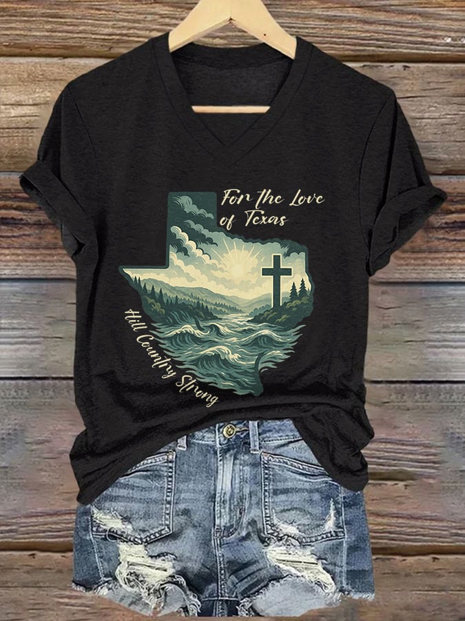 V-Neck Retro For The Love Of Texas Hill Country Strong Print T-Shirt