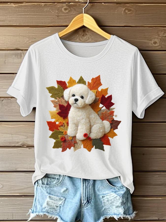 Women's Casual Cute Autumn Dog Pattern Printed Round Neck Short Sleeve T-Shirt