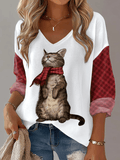 Women's Retro Cat Print Waffle Long Sleeve T-Shirt