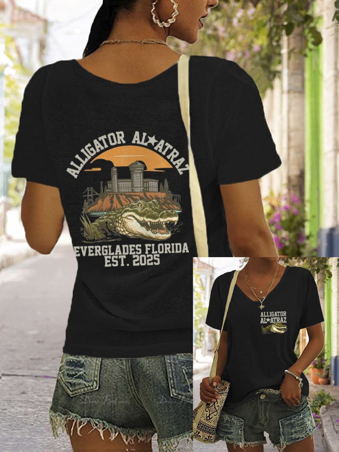 Women's Fashion Casual Crocodile Alcatraz Printed T-shirt
