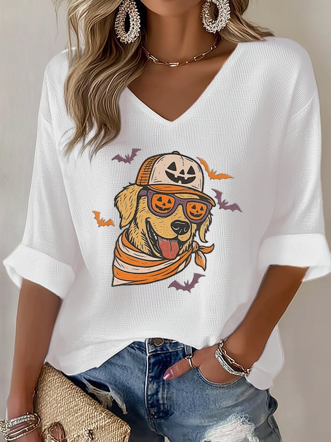 Golden Retriever Dog Halloween Art Printed Long Sleeve Top