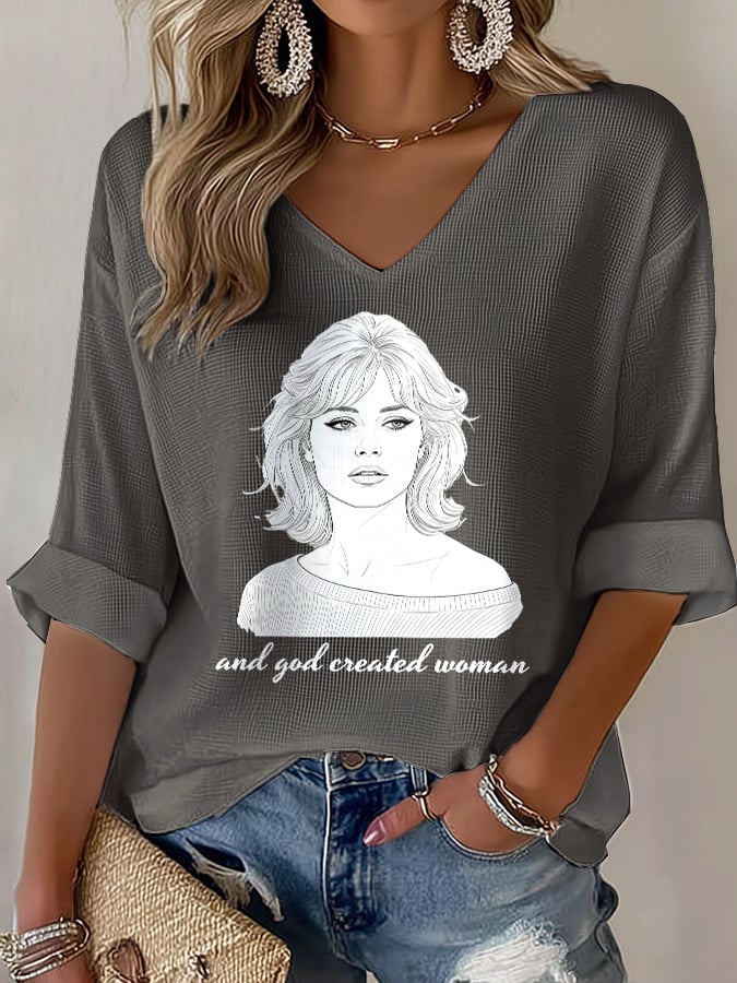 V-Neck Retro B.B. And God Created Woman Watercolor Painting Print T-Shirt