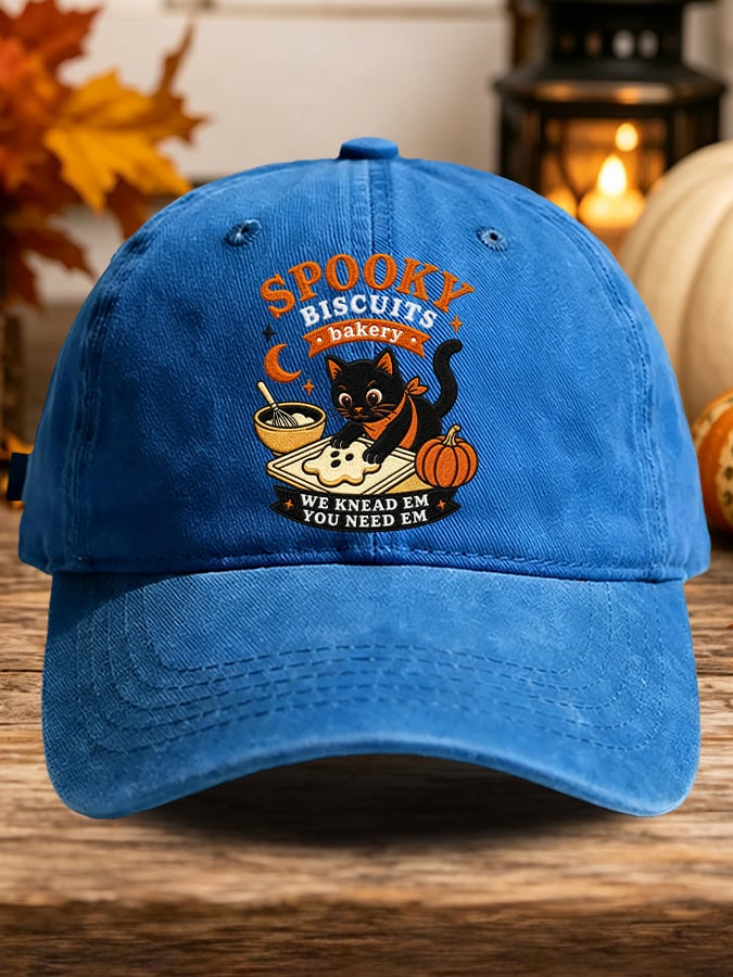 Retro Halloween Cat Baking Pumpkin Ghost Spooky Biscuits Bakery We Knead Em You Need Em Print Baseball Cap
