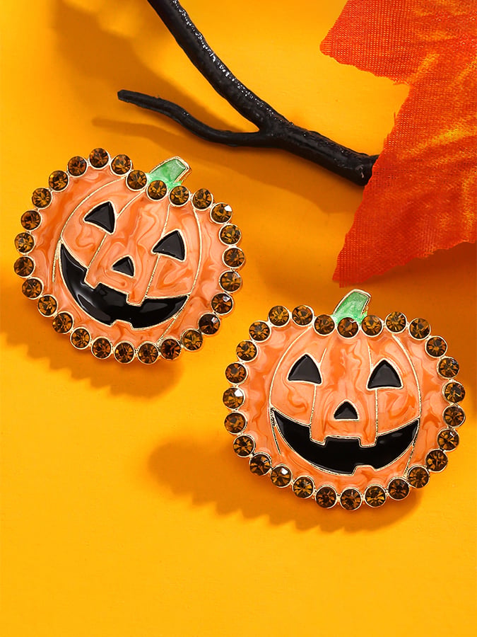 Halloween Color-Block Rhinestone Drip-Glaze Novelty Pumpkin Earrings