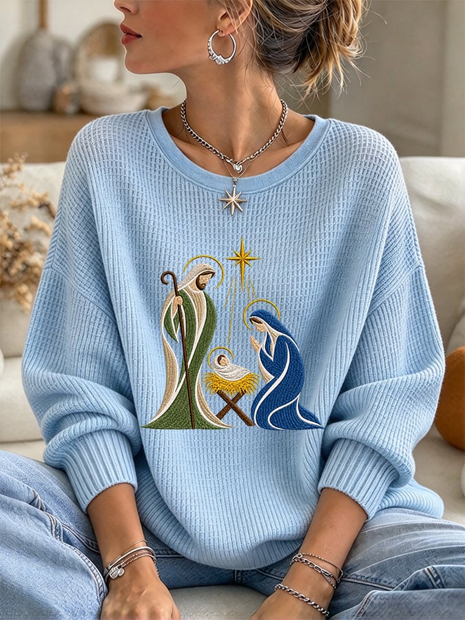 Women's Casual Printed Waffle Long-Sleeve Top