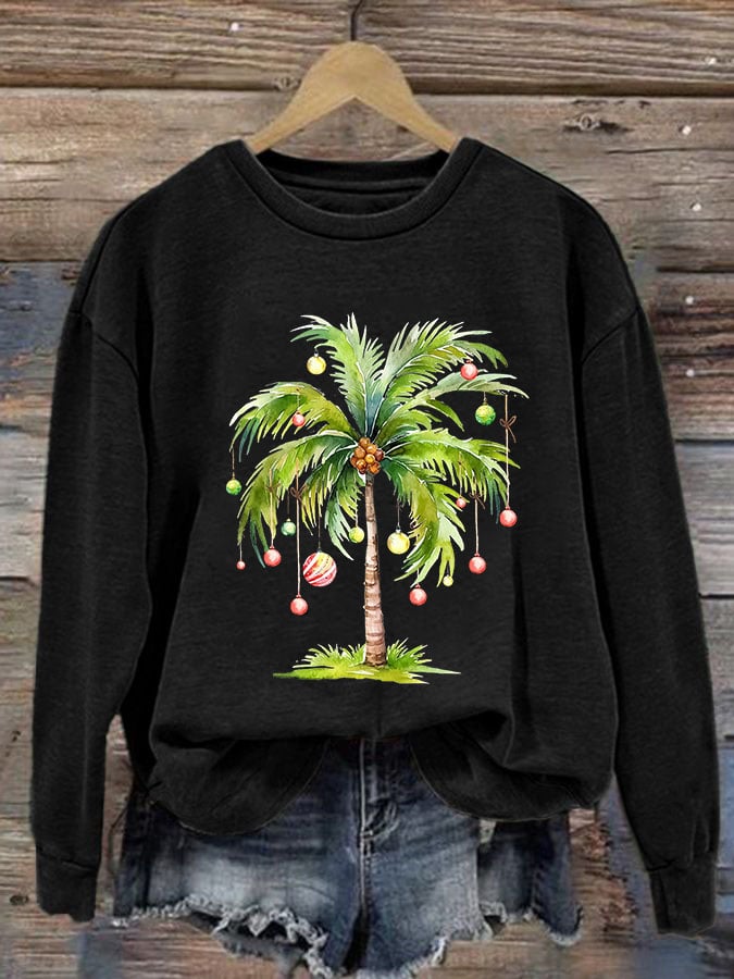 Women'S Casual Christmas Palm Tree Printed Long Sleeve Sweatshirt
