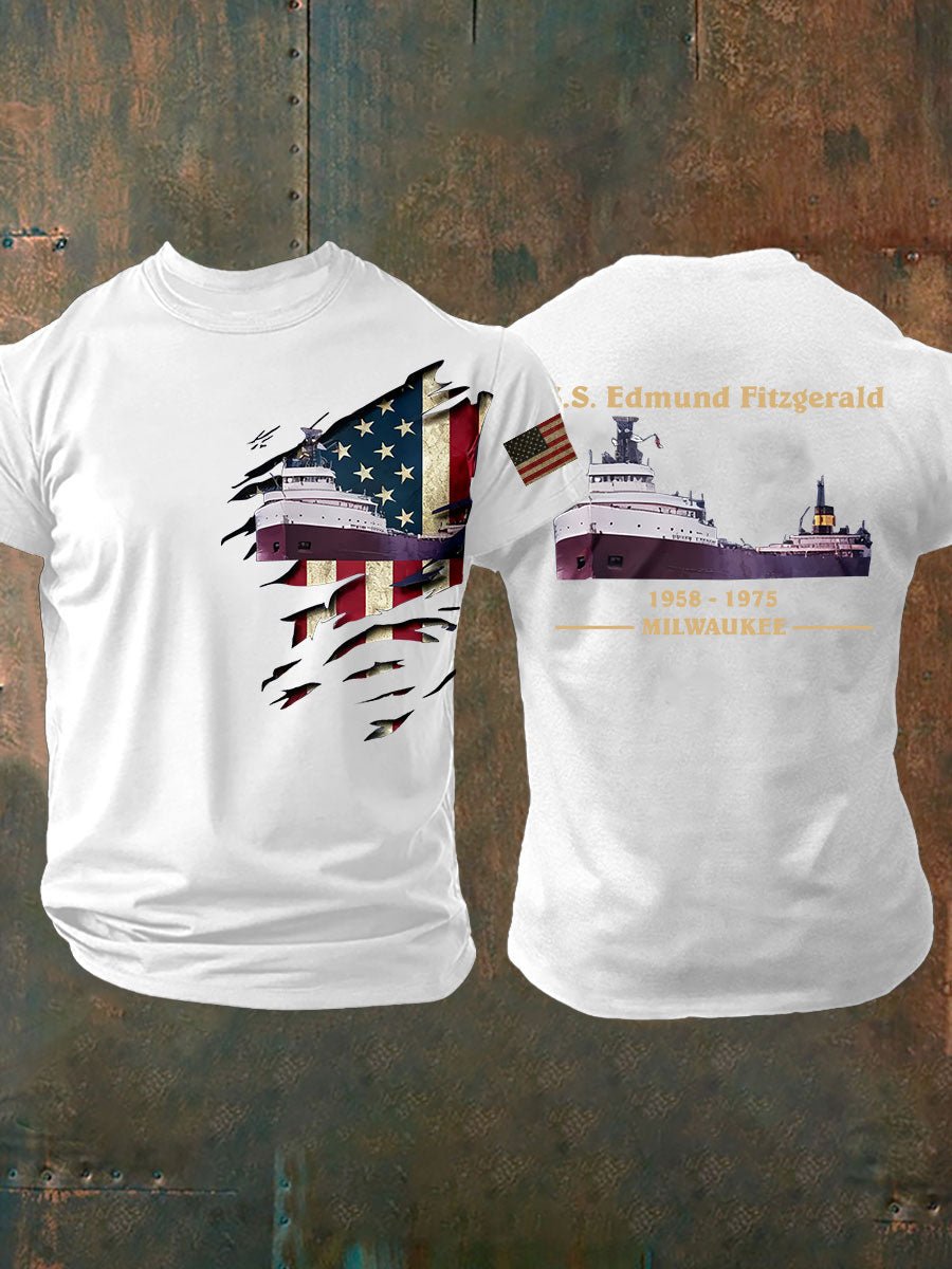 Men's SS Edmund Fitzgerald Shirt Milwaukee Great Lakes Ship Tribute Tee Patriotic American Flag Graphic Memorial Boat Wreck Vintage Shirt