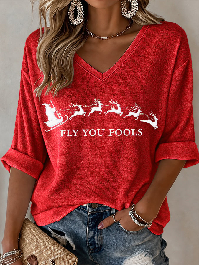 🔥🔥2nd 50% Off 🔥🔥V-Neck Retro Funny Christmas Fly You Fools Reindeer Holiday Season Print T-Shirt