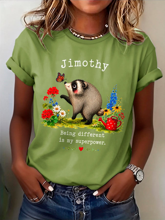 Retro Jimothy Raccoon Being Different Is My Superpower Print T-Shirt