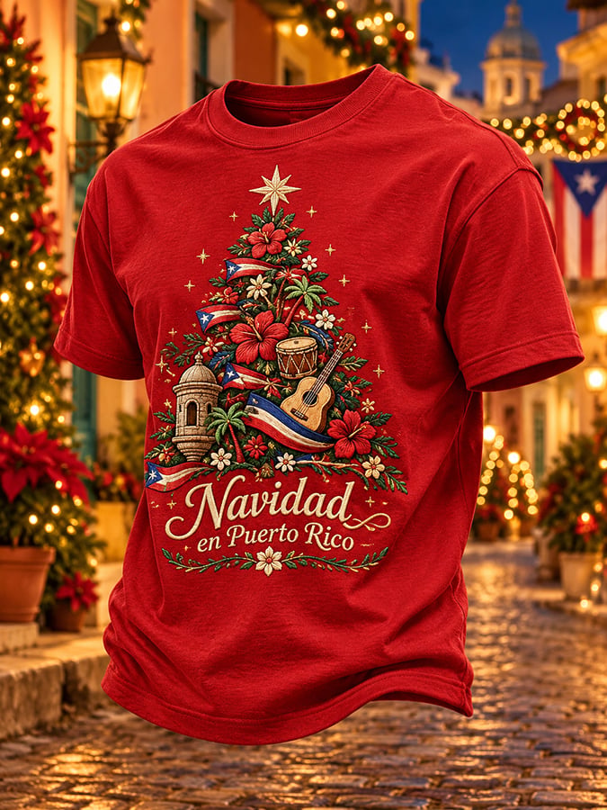 Men's Puerto Rico Christmas Print Round Neck T-shirt