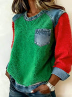 Women'S Casual Round Neck Denim Patchwork Pullover Sweatshirt