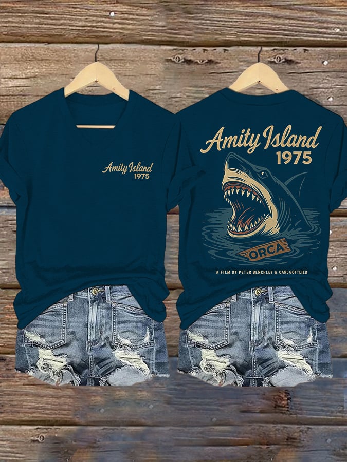 Women's Great White Shark Print V-Neck Short Sleeve Comfortable T-Shirt