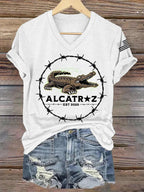 Women's Retro Alligator Alcatraz Funny Florida Everglades Dark Humor Printed Short-Sleeved T-Shirt