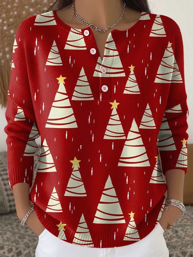 Women's Christmas Print Knit Button Top