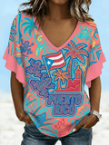 Women's Puerto Rico Print  V-Neck Top