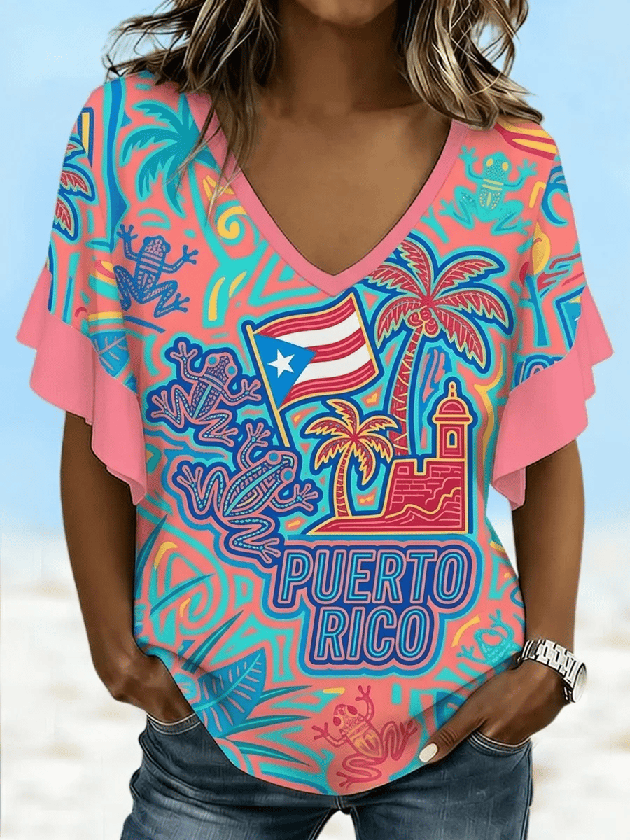 Women's Puerto Rico Print  V-Neck Top