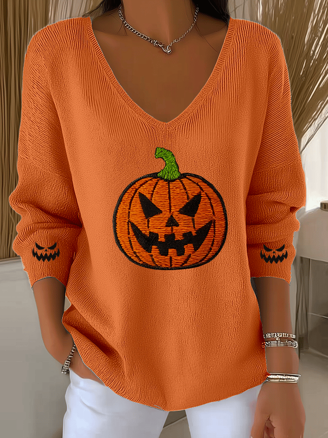 Women's Ghost Face Pumpkin Print Casual Striped Fabric Long Sleeve T-shirt