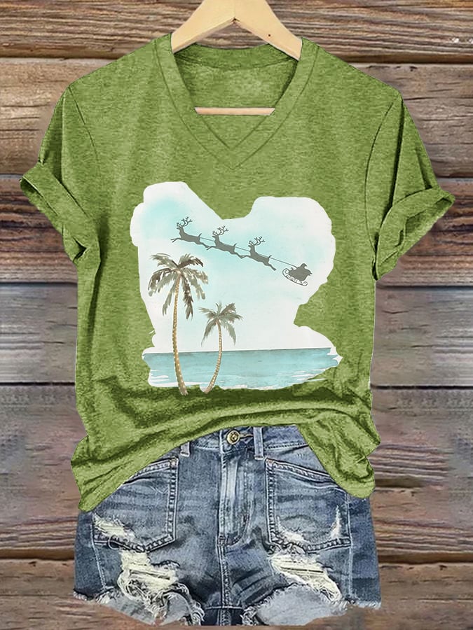 V-neck Retro Florida Merry Christmas Beach Palm Tree Print T-Shirt