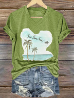 V-neck Retro Florida Merry Christmas Beach Palm Tree Print T-Shirt