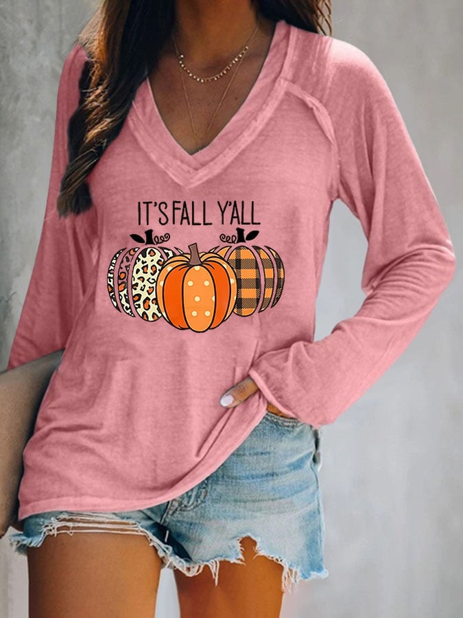 Halloween Bats Print V-neck  Long Sleeve Casual T-Shirt