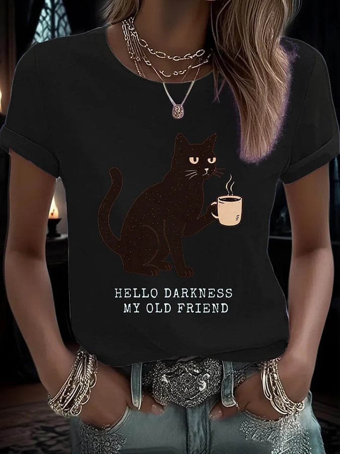 Women's Hello Darkness Halloween Print Round Neck T-Shirt