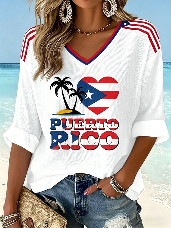 Women's Puerto Rico Print Casual Waffle Fabric T-Shirt