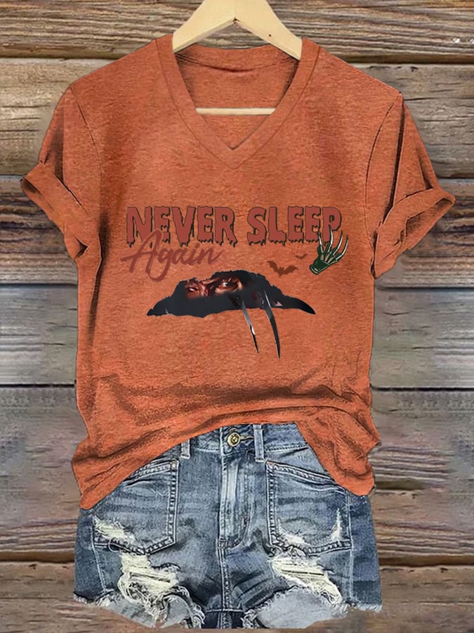Women's Halloween Horror Nightmare Print V-Neck T-Shirt