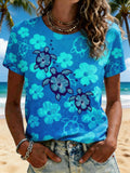 Retro Hawaiian Honu And Hibiscus Print T-Shirt