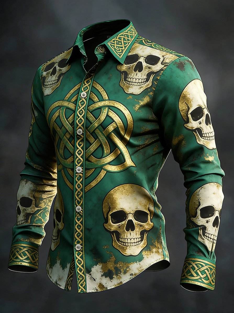 Men's vintage St. Patrick's Day skull pattern long-sleeved shirt