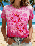 Retro Pink Hibiscus And Honu Turtles Print T-Shirt