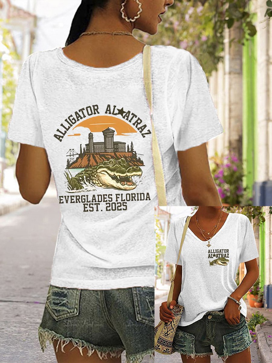 Women's Fashion Casual Crocodile Alcatraz Printed T-shirt