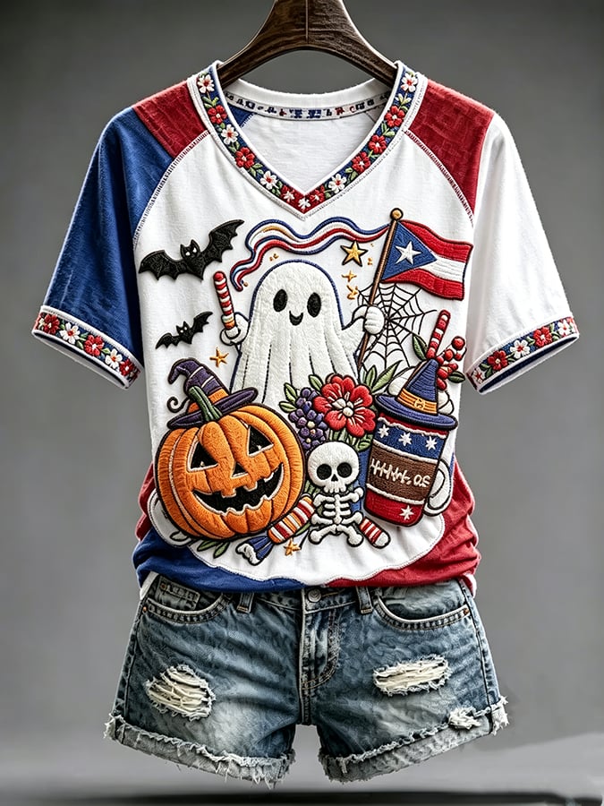 Women's Casual Boricua Halloween Printed Short-Sleeve T-Shirt