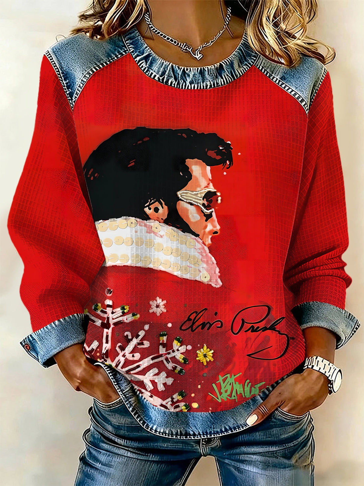 King of Rock and Roll Printed Patchwork Casual Sweatshirt